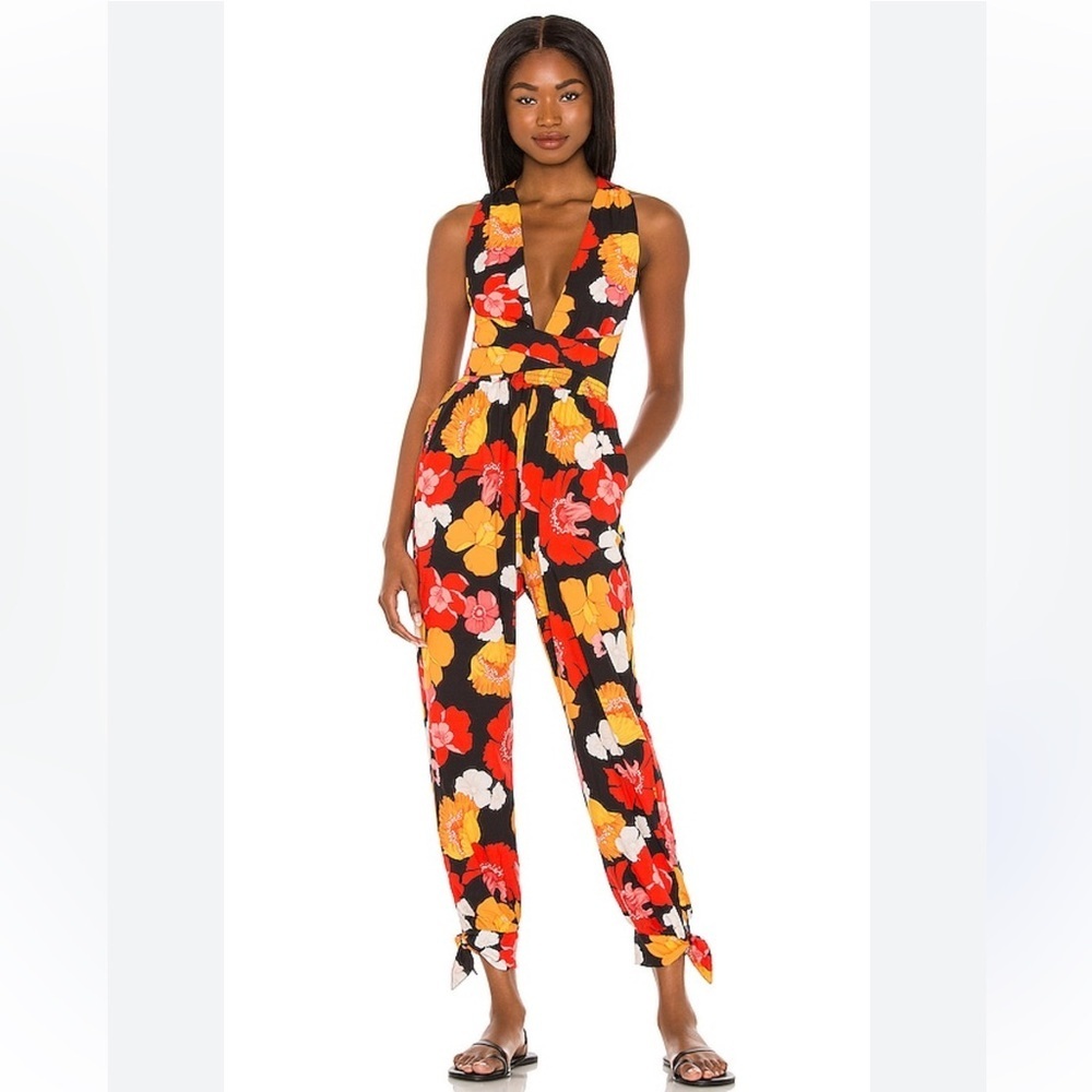 Agua Bendita x REVOLVE Josie Jumpsuit Black Funky Blooms Size XS Small V-neck